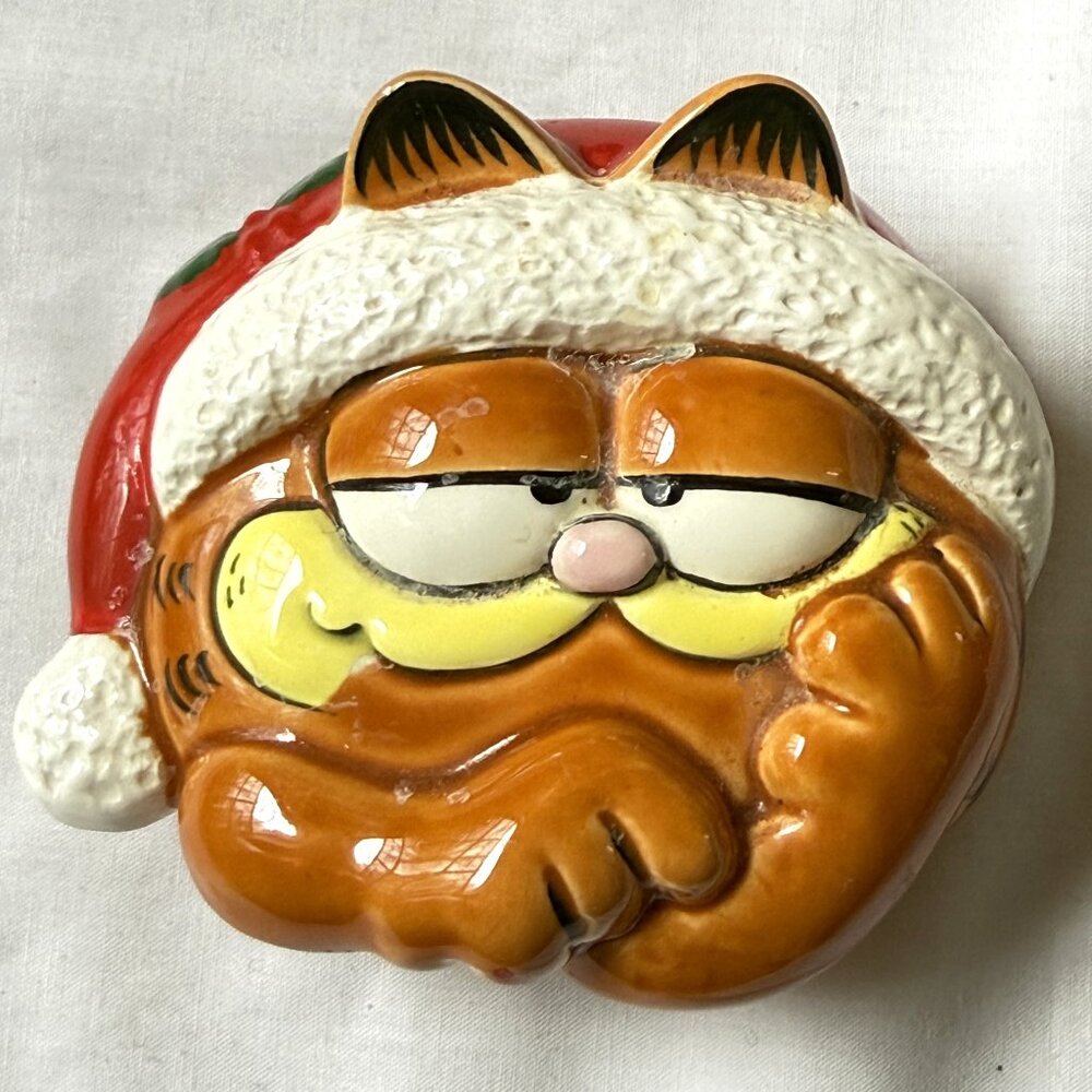 Garfield The Cat Bottle Stoppers Enesco 1978 Christmas Holiday Santa Hat Holly
